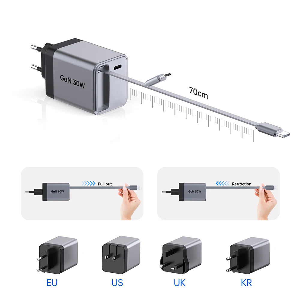 Retractable Built-in Cable Single Port Wall USB Cell Phone Chargers